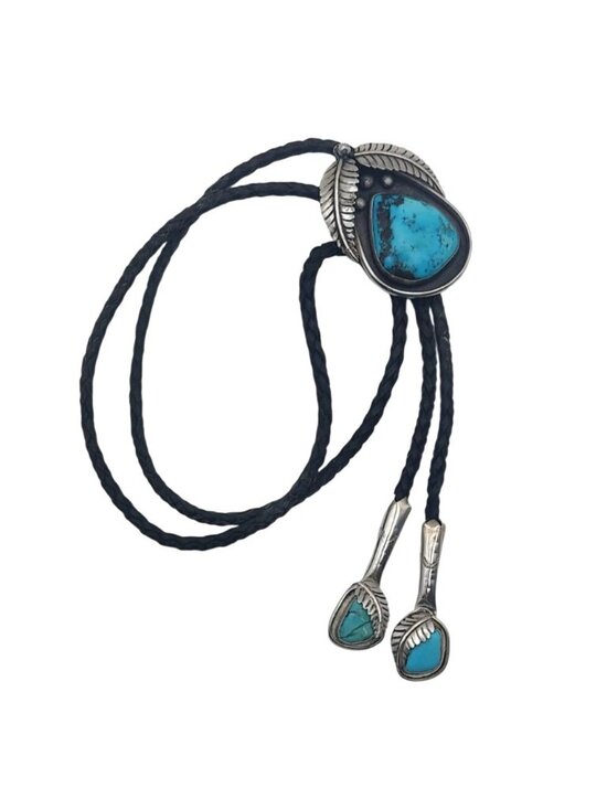 Huge Signed Navajo Hand Carved Turquoise Cabochon Sterling  Navajo Large Turquoise Cabochon Silver Slide Braided Leather Bolo Tie Signed
